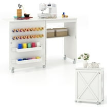 Gymax Folding Sewing Table w/ Compact Design Storage Shelf 2 Trays & 18 Pegs White