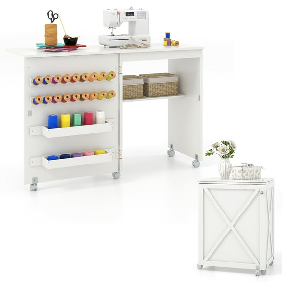 Gymax Folding Sewing Table w/ Compact Design Storage Shelf 2 Trays & 18 Pegs White