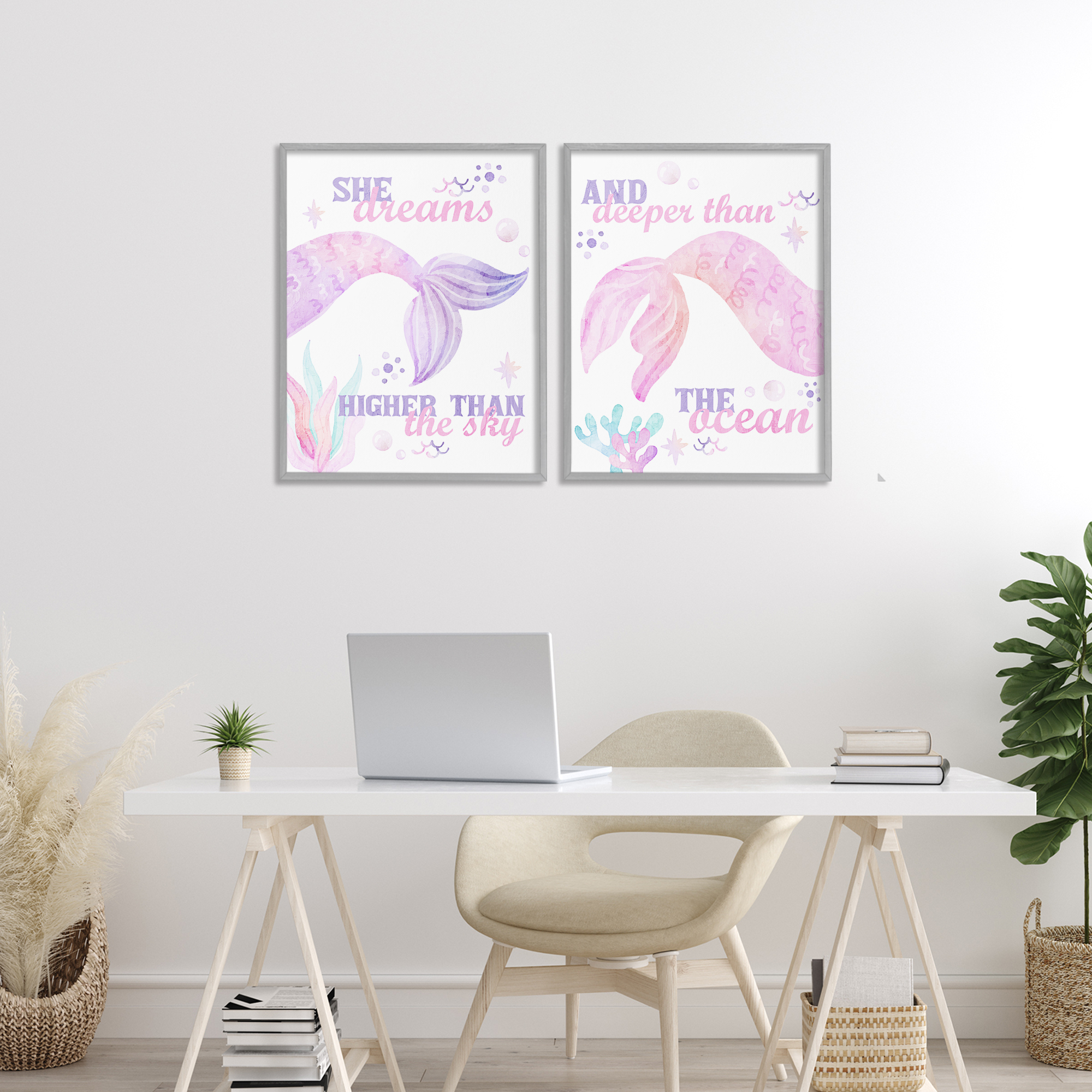 Mermaid Dreams Ocean & Sky 2 Piece Gray Framed Giclee Art Set, design by Kim Allen