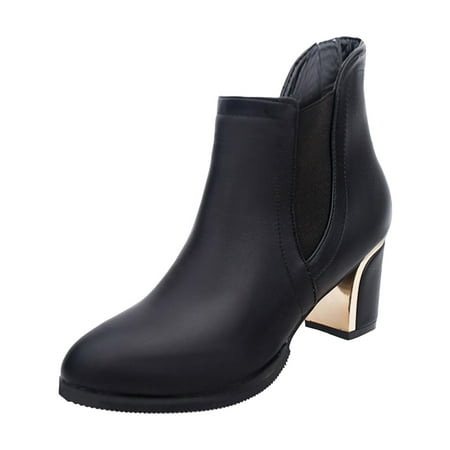 

Qufokar Knee High Boots for Women With Heel Boots Women Leather Fashion Women Artificial Leather Solid Color Autumn Thick Sole Square Heels Slip On Short Booties Round Toe Shoes