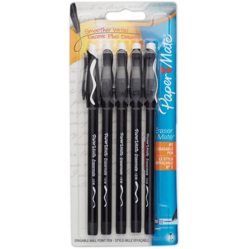 Paper Mate Eraser Mate Ball Point Pens, Medium, Black 4 ea (Pack of 6