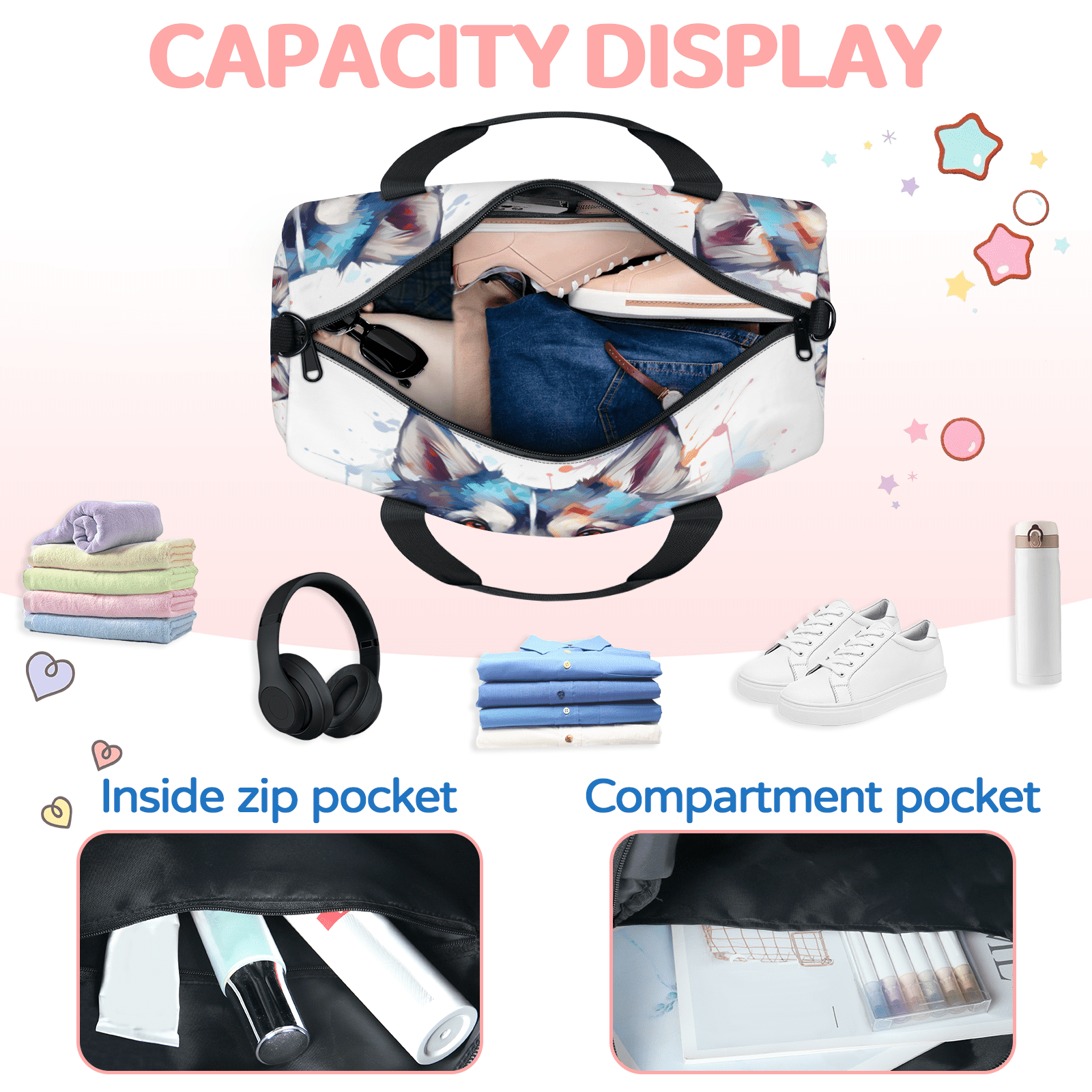 Herdesigns Wtaercolor Husky Dog Gym Bag for Women, Duffle Bag for Travel Sport, Lightweight Waterproof Carry on Weekender Overnight Dance Yoga Workout Bags