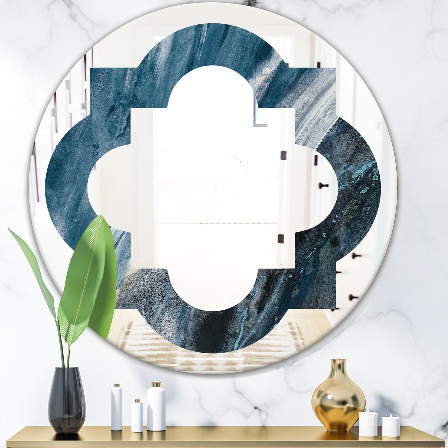 Designart 'Splash Blue Indigo' Miroir mural rond moderne - Quatrefoil 32x32