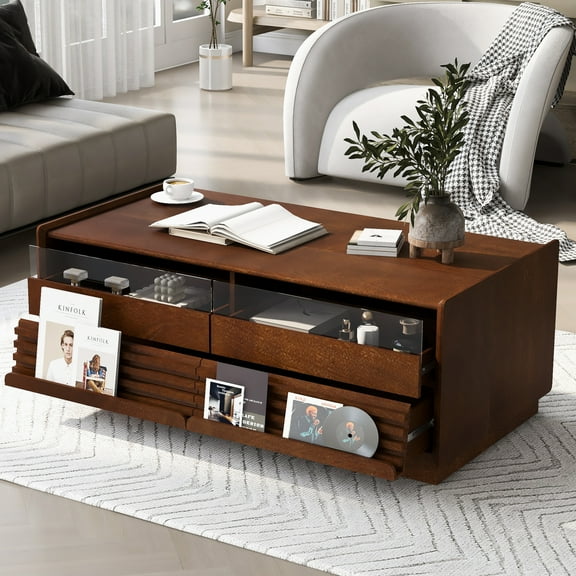 U-Can Modern Rectangle Coffee Table with 4 Drawers and 2 Display Shelves, 47.2" Wood Coffee Table with Fluted Style, Tempered Glass for Living Room