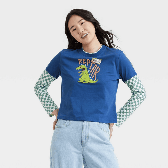Nickelodeon Women's Reptar Long Sleeve Graphic T-Shirt - Blue Checkered, Small