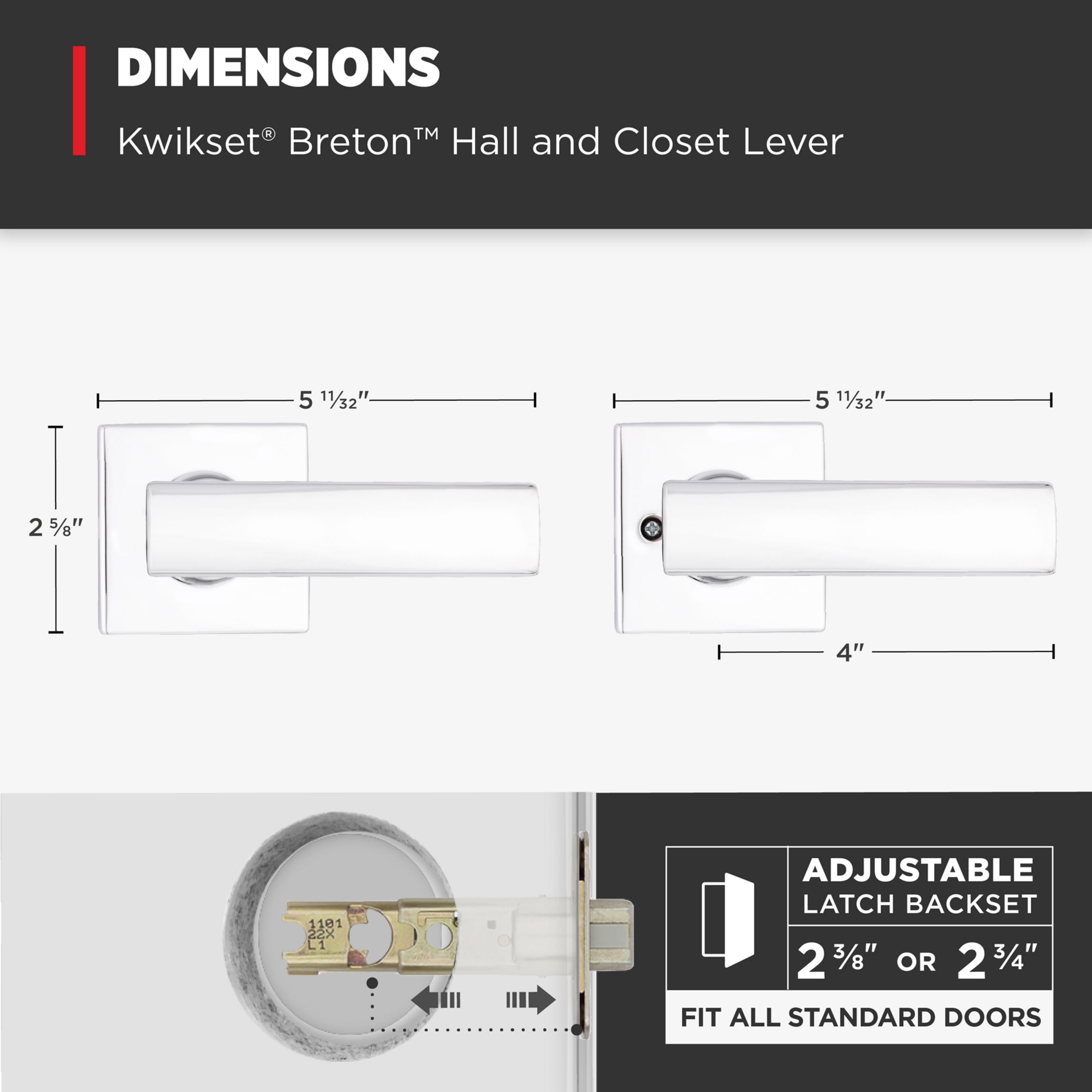 Kwikset Breton Square Passage Lever Doorknob Polished Chrome
