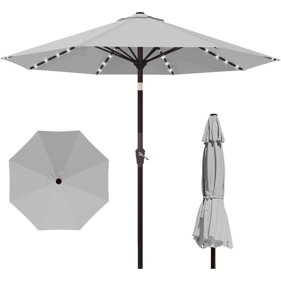 9 Ft Outdoor Patio Umbrella with Solar Lights Push Button Tilt and Crank 8 Ribs 32 LED Lights UV Protection