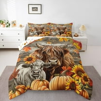 Manfei Hello Fall Bedding Comforter Set,Highland Cow Sunflower Twin Comforter Sets,Autumn Pumpkin Maples Bedding Set For Girl Boys,Ultra Soft Home Decor Reversible,2-Piece