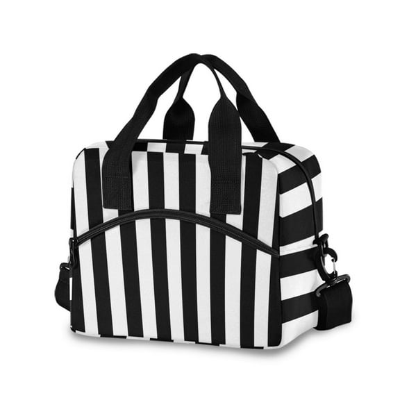 joogoo White and Black Stripe Pattern Insulated Lunch Bags Reusable Cooler Box with Shoulder Strap