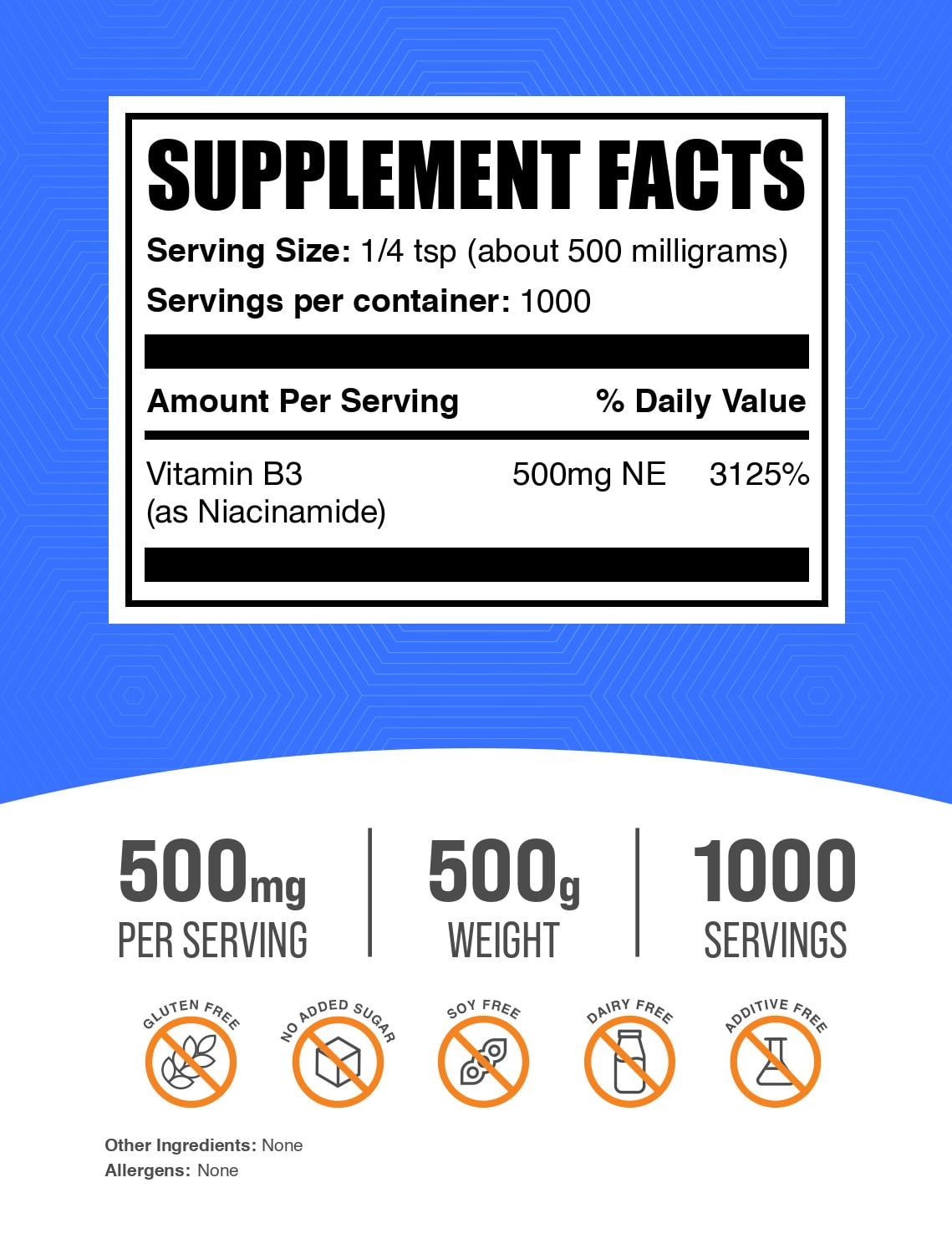 BulkSupplements Niacinamide Powder - Vitamin B3, B Vitamin Supplement, 500mg per Serving, 500g (1.1 lbs)