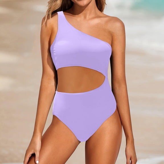 Womens One-Piece Swimsuits Summer Solid Color One Shoulder Slim Hollow Beachwear