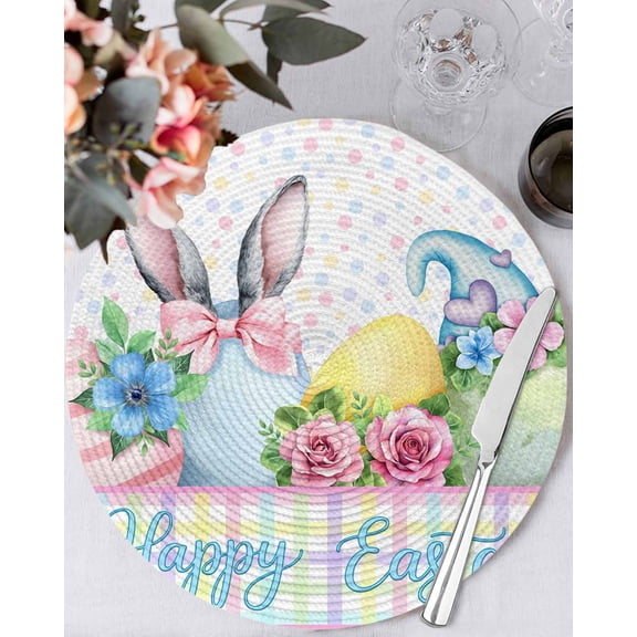 15 Inch Round Placemats Set of 6, Easter Non Slip Heat Insulation PP Table Mats, Spring Colorful Bunny Eggs Flowers Polka Dot Plaid Washable Place Mats for Kitchen Dining Party Table Decor