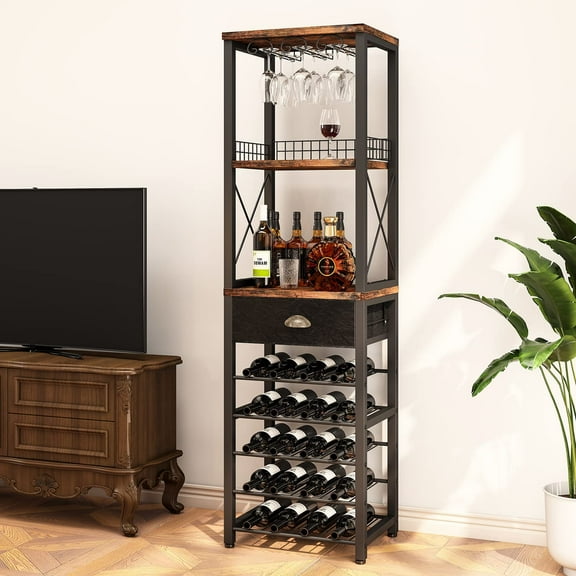 Wine Rack Freestanding Floor, Bar Cabinet for Liquor and Glasses, 4-Tier bar Cabinet with Tabletop, Glass Holder, Storage Drawer and Wine Storage for Living Room (Patent No.D29872845)