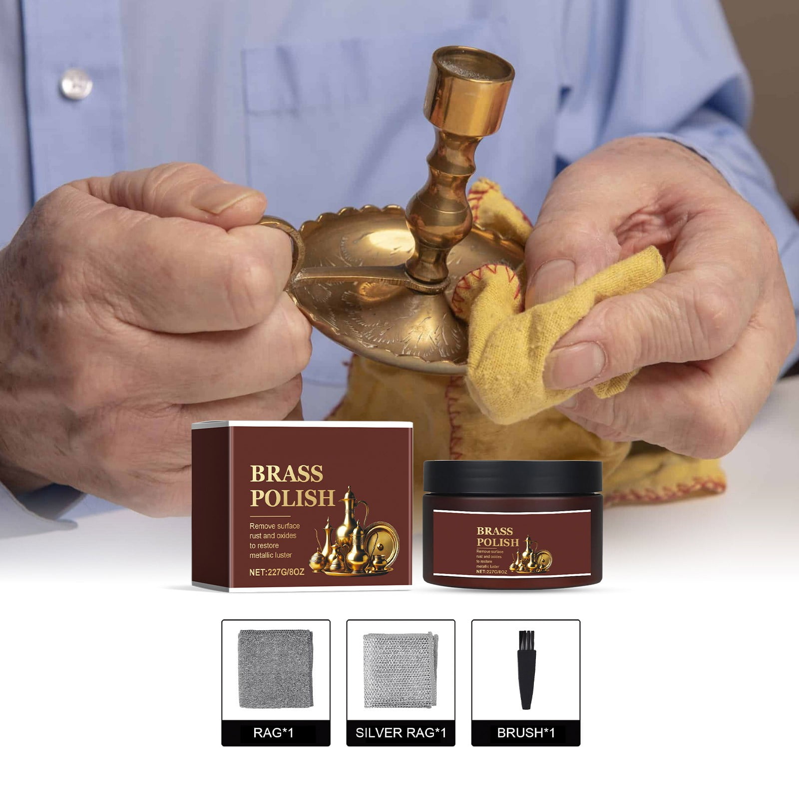 Shetay Brass Polish and Cleaner Kits,Removes Dirt, Does Not Scratch, and Maintains Shine, Copper Cleaner,Polishing Cloth, Free Rag & Silver Rag & Brush (1 pcs).