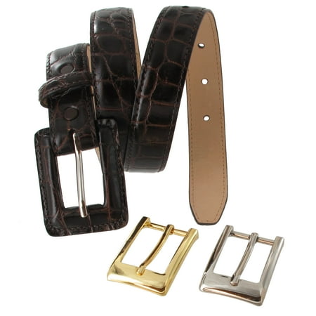 Interchangeable Buckle Belt WCM Ladies Brown Italian Genuine Leather Crocodile Grain Belt Interchangeable Buckle Size Small ()