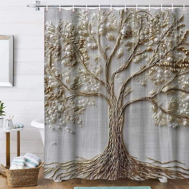 CaiYueKe Faux Embroidery Shower Curtain Waterproof Bathroom Decor Polyester Fabric Rustproof Grommets Mold Resistant Hanging Curtain Textured Print Modern