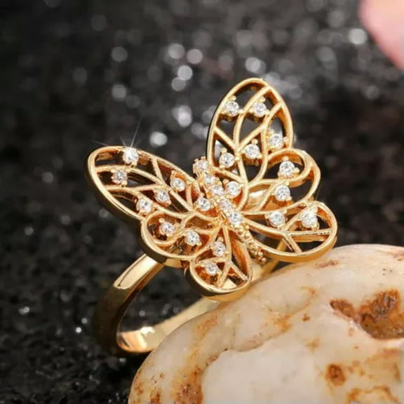 EOEMY Classical Gold Plated Rings Women Butterfly Cubic Zirconia Jewelry Size 6-10-7
