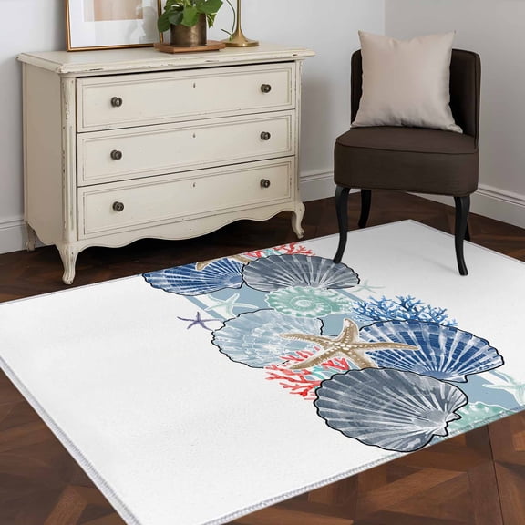 3'x5' Area Rugs, Navy Blue Coastal Indoor Outdoor Area Rug for Living Room Bedroom, Summer Beach Nautical Shell Starfish Washable Bathroom Rugs Kitchen Floor Carpet Mats Home Decor Aesthetic