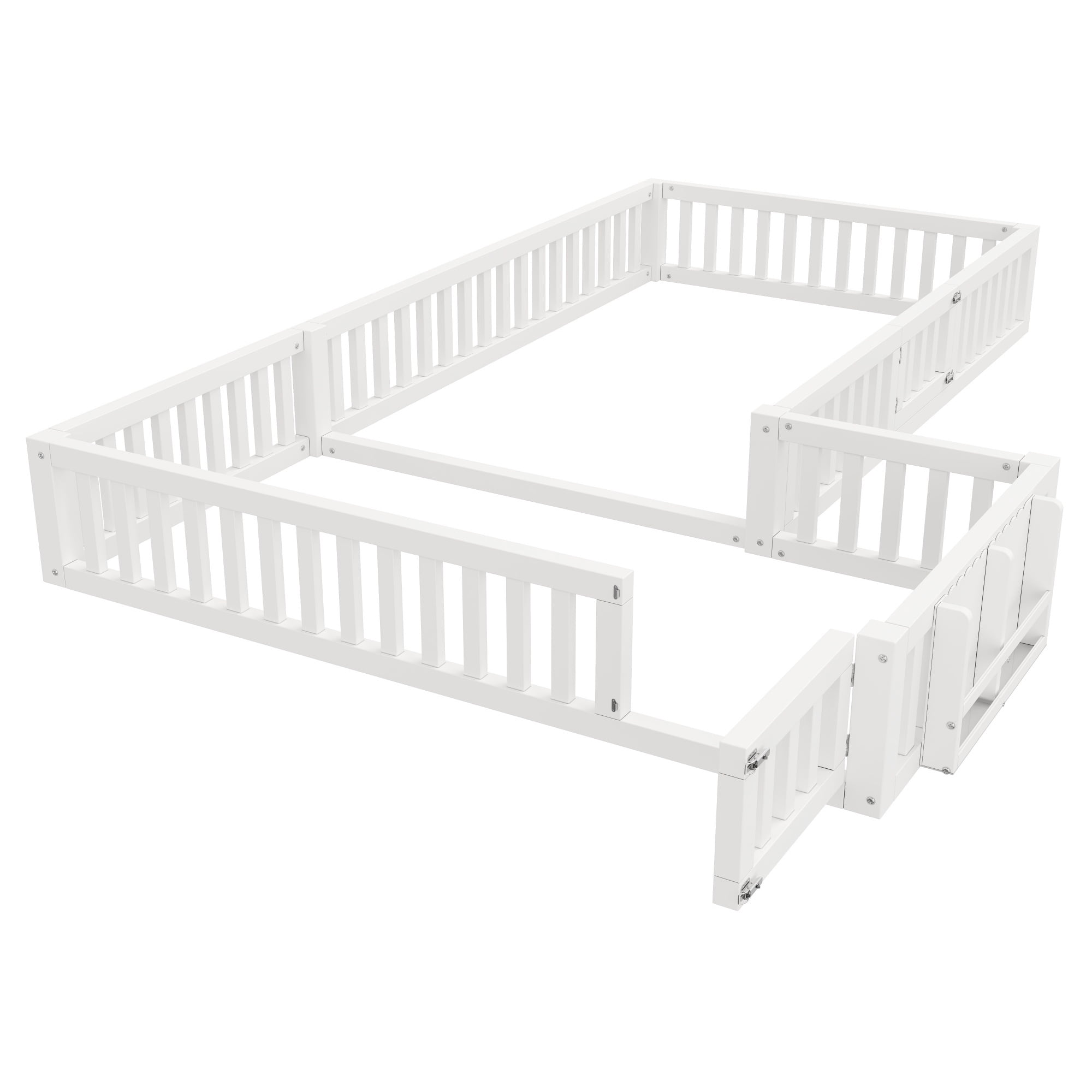Euroco Twin and Full Size L-Shaped Platform Bed, Floor Bed with Full Guardrails and Storage, White