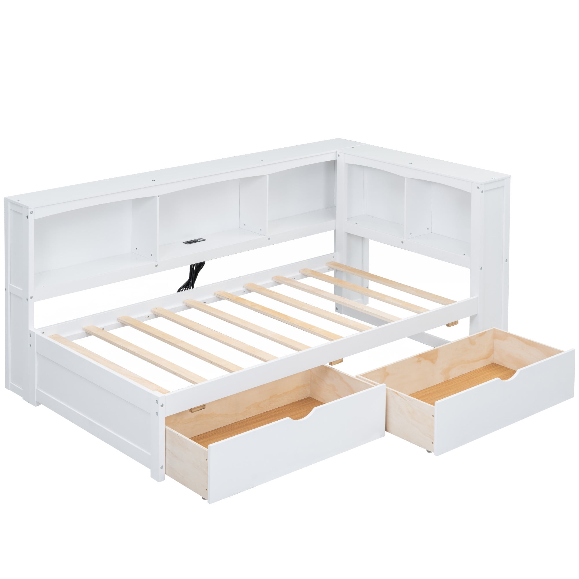 Euroco Modern Pine Wood Daybed with Drawers, Twin Bed with Storage Cabinet and Shelves, USB Charging Station for Kids Teens Bedroom, White