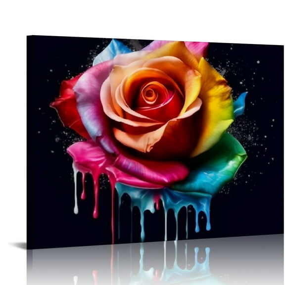 COMIO Colorful Rose Wall Art Abstract Graffiti Rainbow Flower Canvas Prints Pictures Decor Modern Watercolor Black Background Painting Artwork for Living Room Bathroom Bedroom Home Decorations