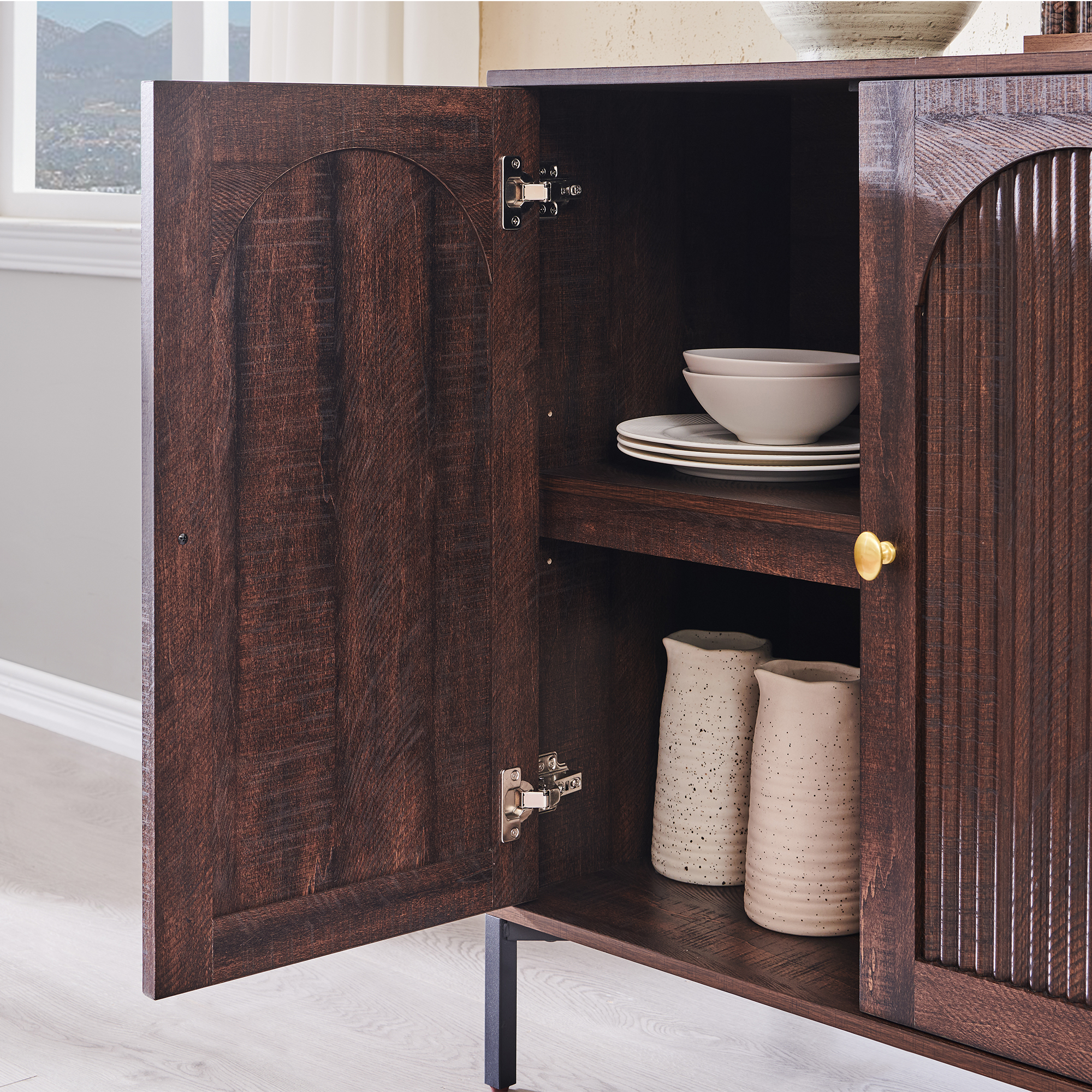 SinCiDo Buffet Cabinet with Storage, 34" Tall Wooden Arched Sideboard Cabinet with/Adjustable Shelf, Fluted Accent Cabinet for Dining Room, Kitchen