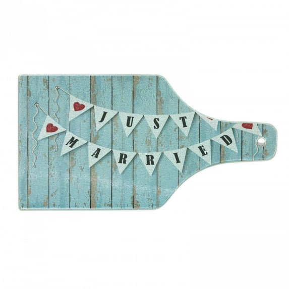 Wedding Cutting Board, Just Married Letters on Triangular Flags Hanged on Blue Wooden Door Art Print, Tempered Glass Cutting and Serving Board, Wine Bottle Shape, Blue Black Red, by Ambesonne