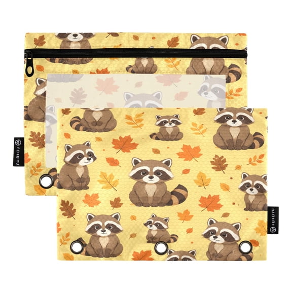 2 Pack 3 Ring Binder Pouch with Clear PVC Window Water Resistant Zipper Pencil Pouch Sweet Raccoons Fall Pattern Binder Pocket for Classroom Office Home Stationery Organization