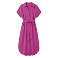 thumbnail image 3 of Dvprdro Collared Short Sleeve Linen Maxi Dress for Women Button Front Side Pockets Tie Waist Solid Color Summer, 3 of 10