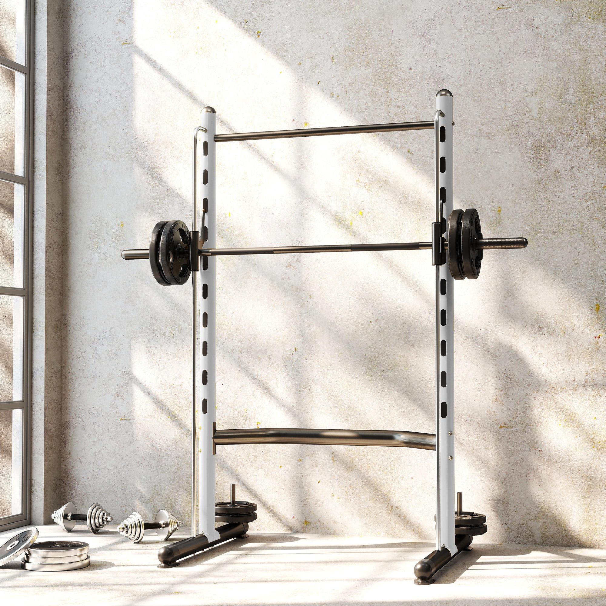 Soozier Adjustable Squat Rack with Pull Up Bar and Barbell Bar, Multi-Function Bench Press Weight Lifting Equipment, White