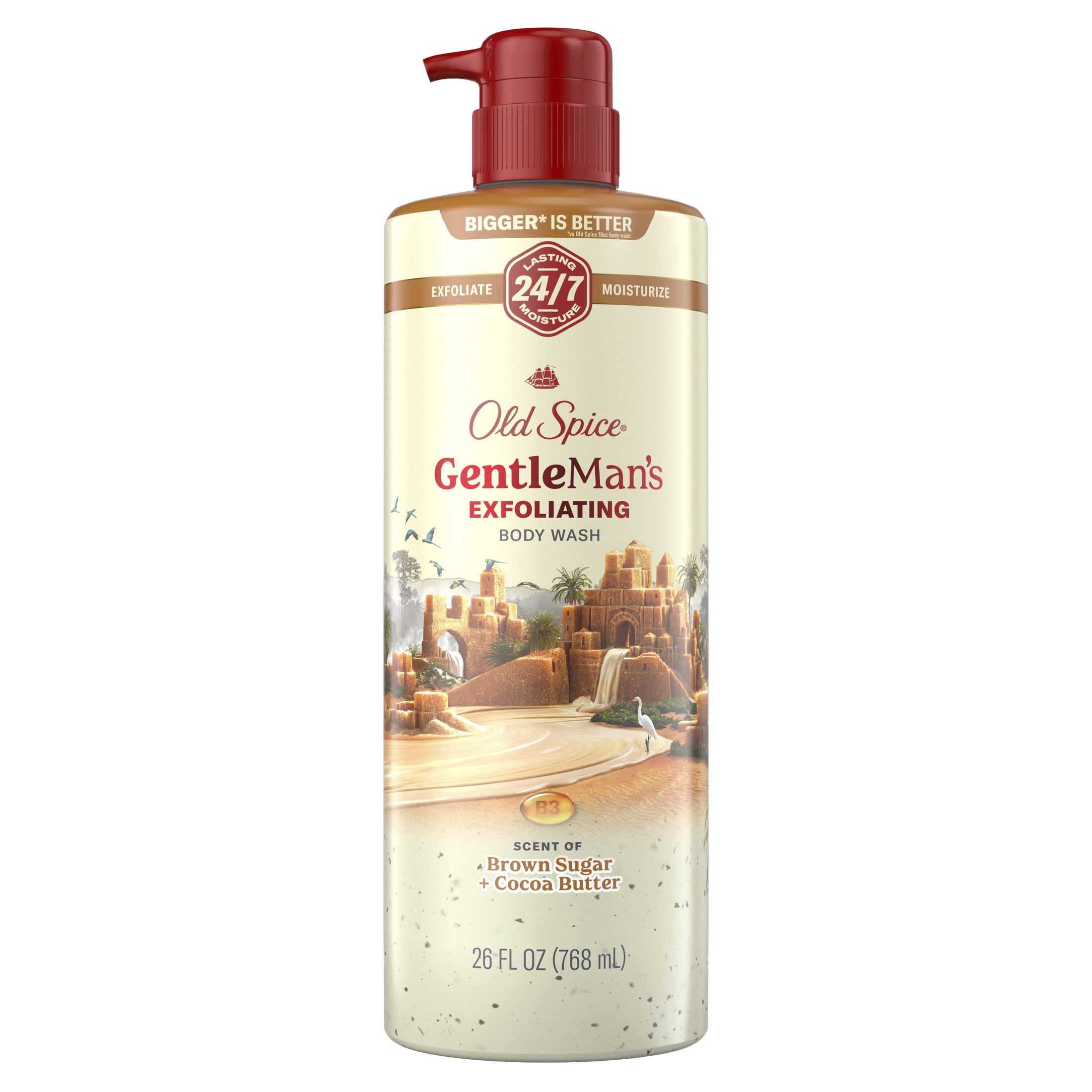 Old Spice Men's Body Wash for Men, Brown Sugar and Cocoa Butter, 24/7 Shower Fresh, 18 oz, Exfoliation + Moisturization, 26oz