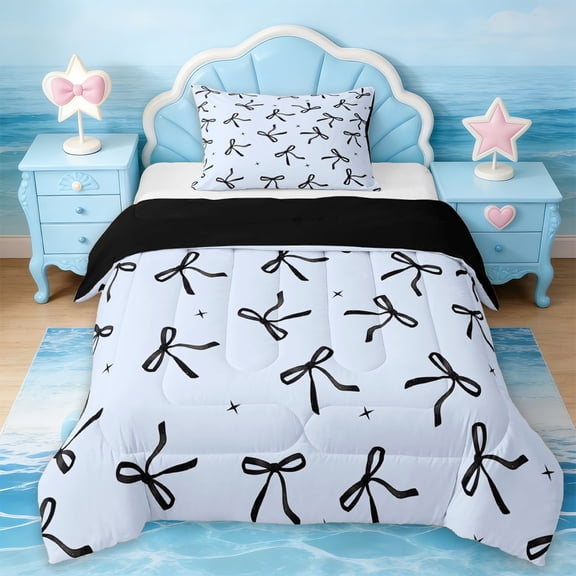 Erosebridal Dreamy Princess Bowknot Twin Comforter Sets,Black Bowtie Ribbon Bedding Set For Kids,Pink Reversible,2-Piece