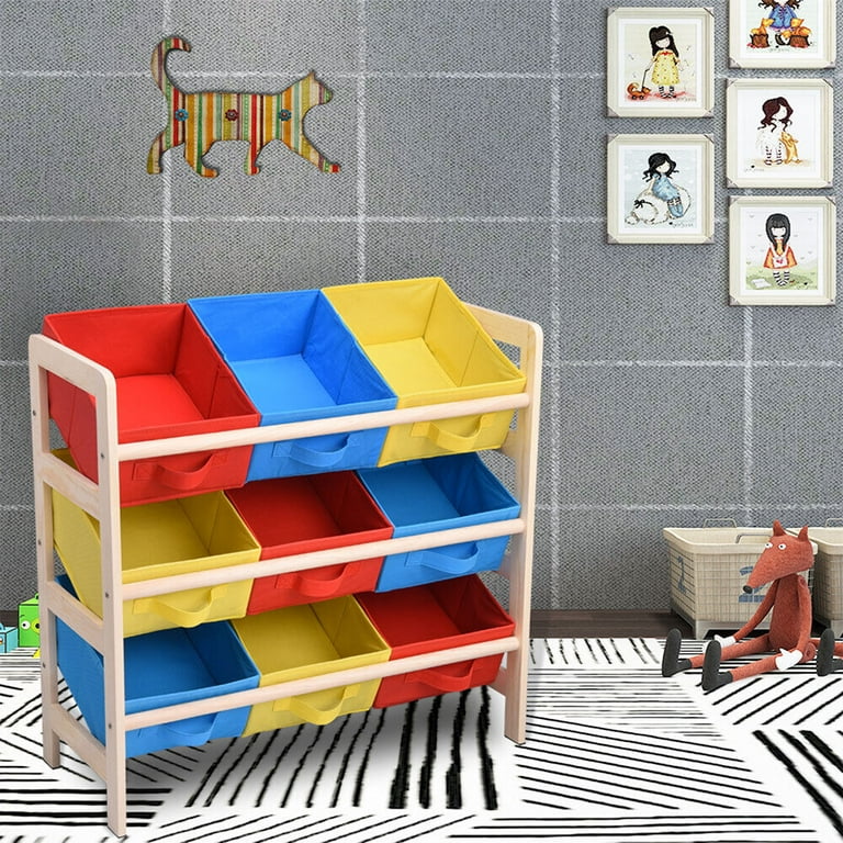 Kids Toy Storage Organizer Wood Box Shelf Rack 12 Plastic Bins Playroom  Bedroom