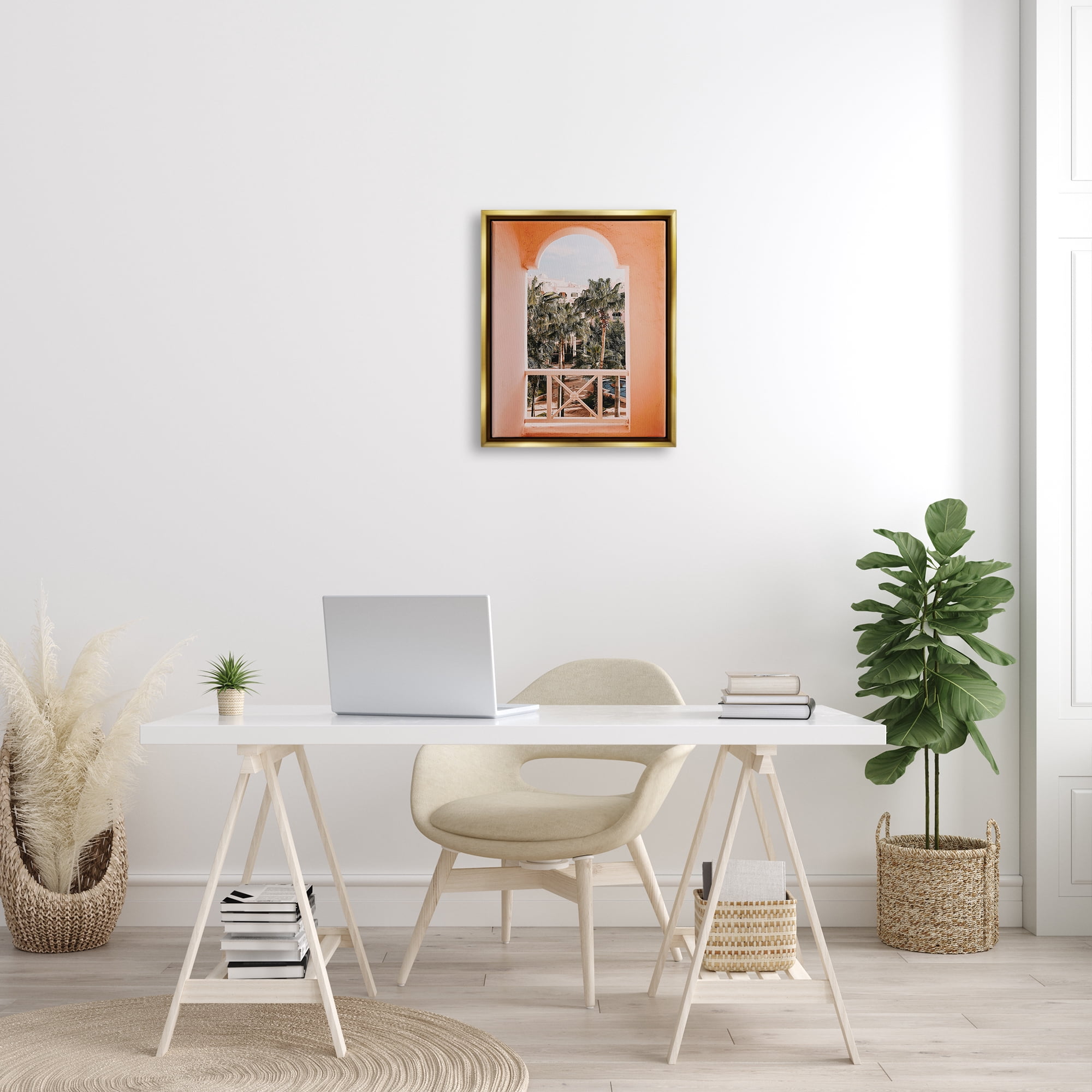 Stupell Tropical Palm Trees Window View Landscape Photography Gold Floater Framed Art Print Wall Art