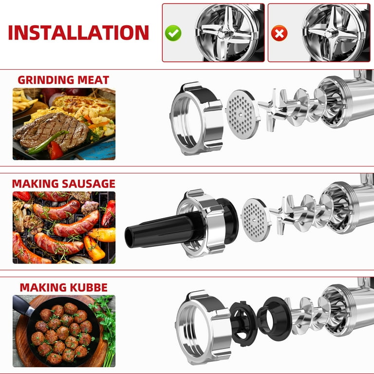 Electric Meat Grinder, Sausage Stuffer Maker 450W(3000W Max) Food Grinder  with Blade & 3 Plates, Sausage Stuffer Tubes & Kubbe Kit, Stainless Steel