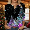 thumbnail image 2 of Women's Christmas Tee Shirts Crew Neck 3/4 Sleeve Button Down Christmas Print Pullover Casual Stylish Tunic Blouse (L, Purple-A), 2 of 5