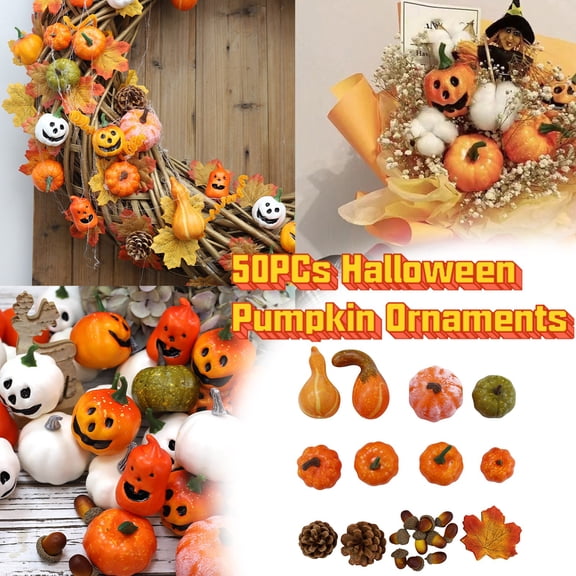 50-Piece Halloween Pumpkin and Maple Leaf Set - Artificial Harvest Decor Collection for Fall Table, DIY Wreath Making and Home Holiday Party