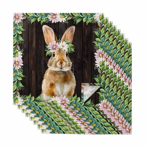 Easter Bunny Cloth Napkins, Spring Daisy Botanical Leaves Brown Wood Washable and Reusable Dinner Napkins Set of 8, Table Napkin for Kitchen Party Birthday Wedding Hotel Housewarming 20"x20"