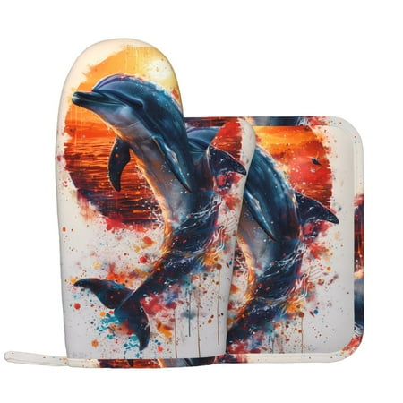 

Sunset Ocean Watercolor Dolphin Oven Mitts and Pot Holders Sets Heat Resistant Silicone Oven Mitts Pot Holders for Kitchen Cooking Baking Non-Slip Oven Gloves Hot Pads Potholders