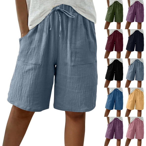 Nestiefly Bermuda Shorts for Women Cotton Linen Knee Length High Waisted Baggy Shorts with Pockets Summer Casual Lounge Shorts Purple M