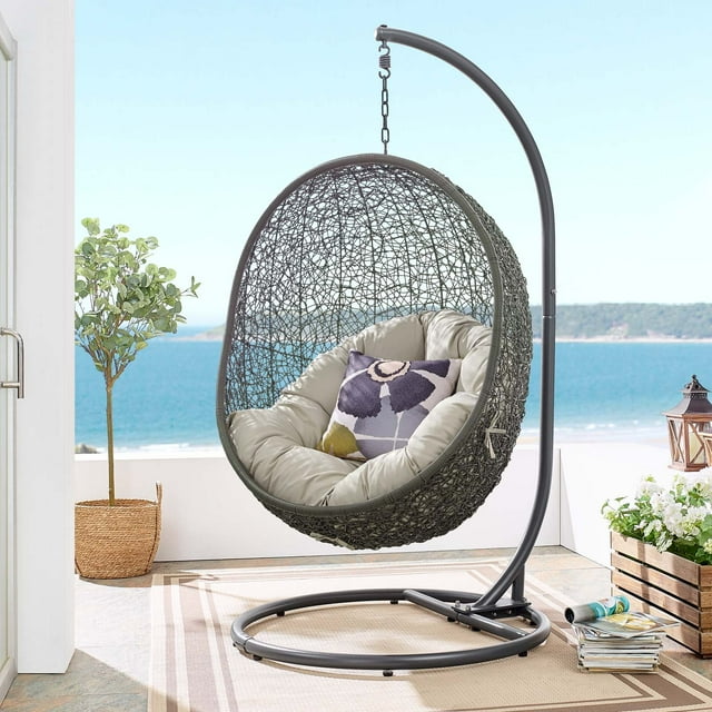 Modway Hide Outdoor Patio Swing Chair With Stand in Gray Beige