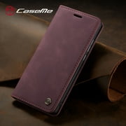 CaseMe Wallet Case Anti-Fall Retro Handmade Leather Magnetic Case Card Slot for iPhone 13 Pro Max (Wine Red)