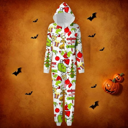 

Grinch Print Costumes Fashion Printed Family Matching Hooded Long Sleeved Zippered Hooded Jumpsuit Set 2024 New Fall Green Grinch Christmas Costumes