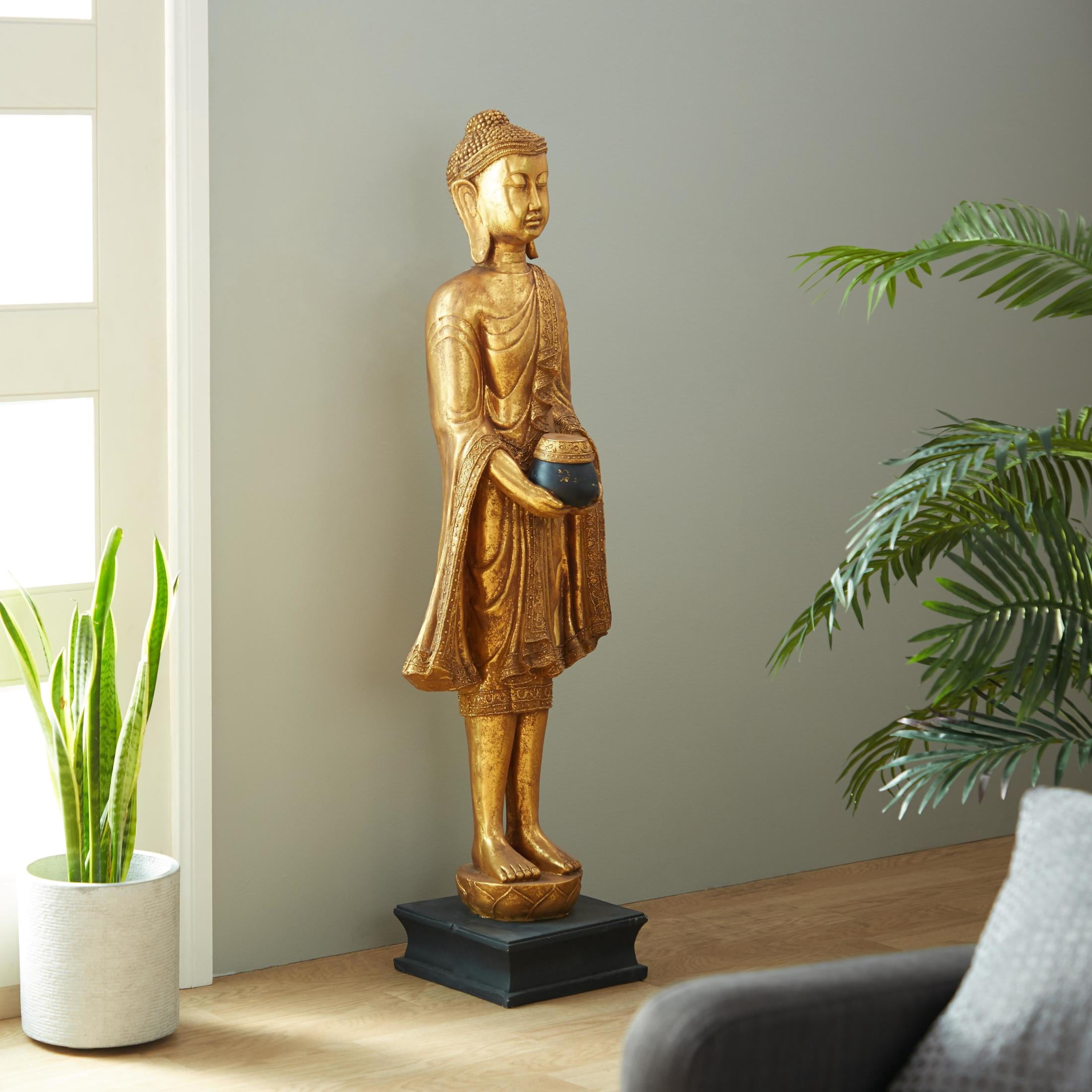16" x 54" Gold Polystone Standing Floor Buddha Sculpture with Engraved Carvings and Relief Detailing, by DecMode