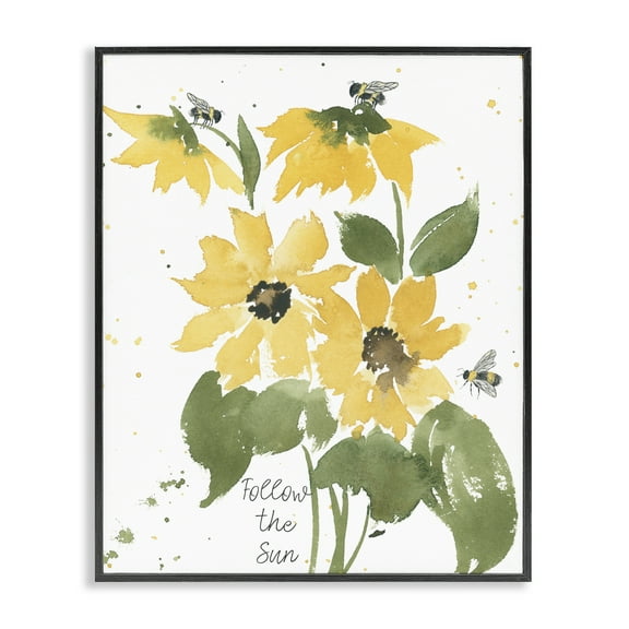Stupell Industries Follow The Sun Phrase Botanical & Floral Painting Black Framed Art Print Wall Art, 11 x 14