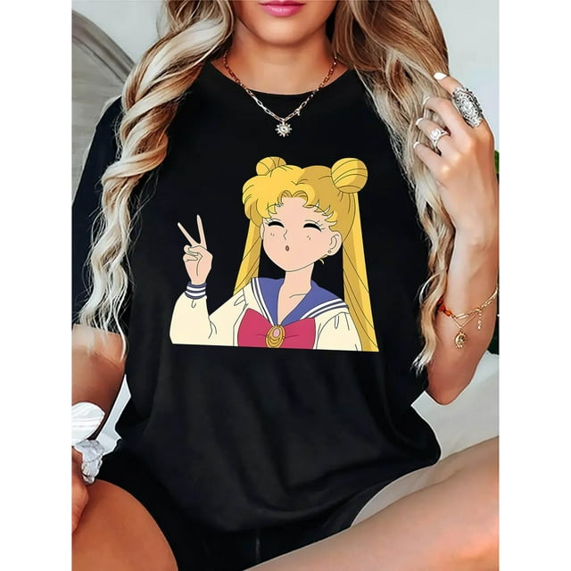 Camiseta deportiva informal y sencilla de manga corta con cuello redondo y estampado de dibujos animados de niña para mujer, cómoda para vacaciones de verano. Camiseta deportiva de ocio.