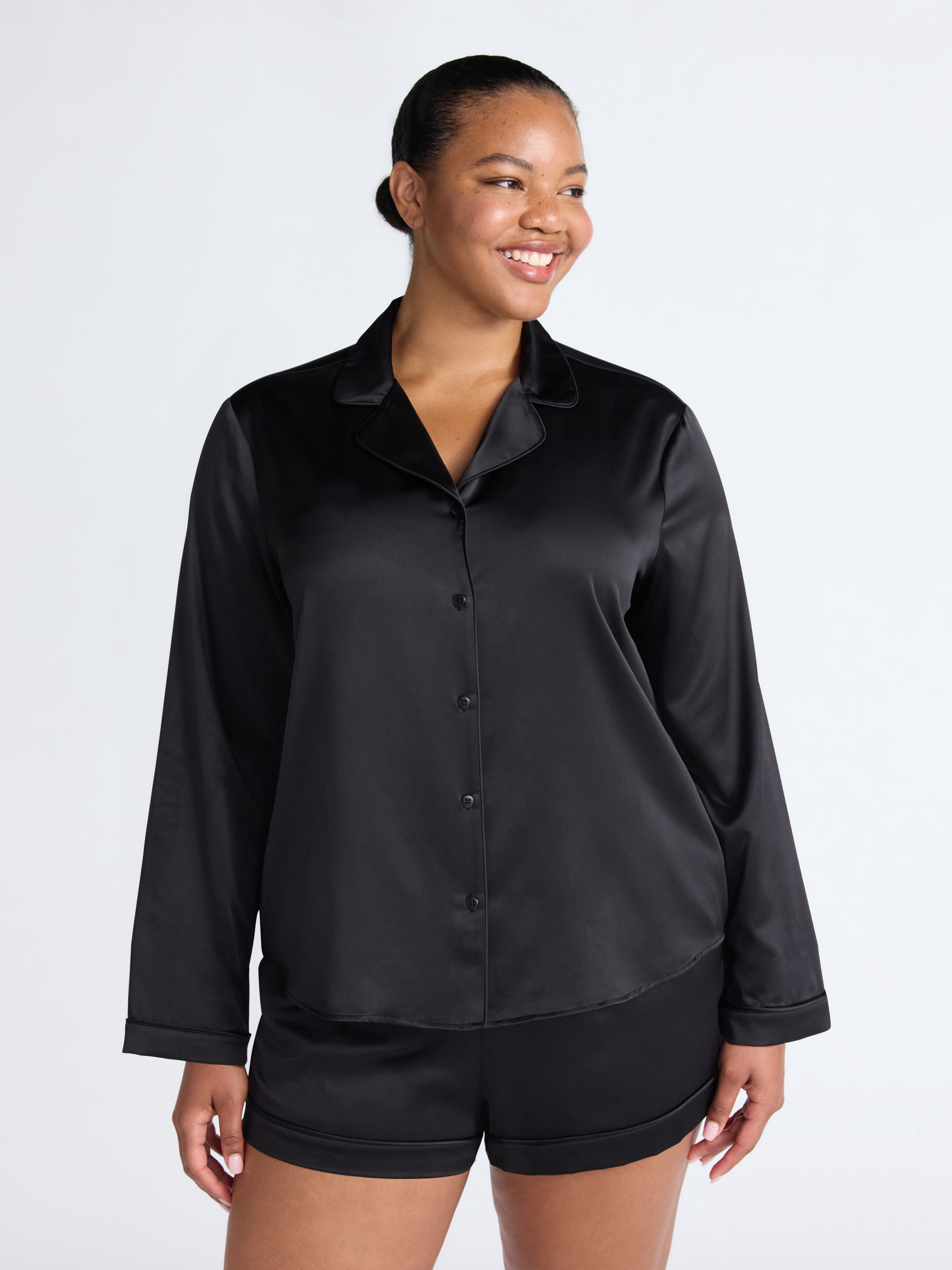 Joyspun Women’s Stretch Satin Notch Long Sleeve Top and Shorts Pajama Set, 2-Piece, Sizes XS-3X