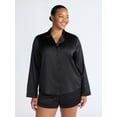 thumbnail image 2 of Joyspun Women’s Stretch Satin Notch Long Sleeve Top and Shorts Pajama Set, 2-Piece, Sizes XS-3X, 2 of 6