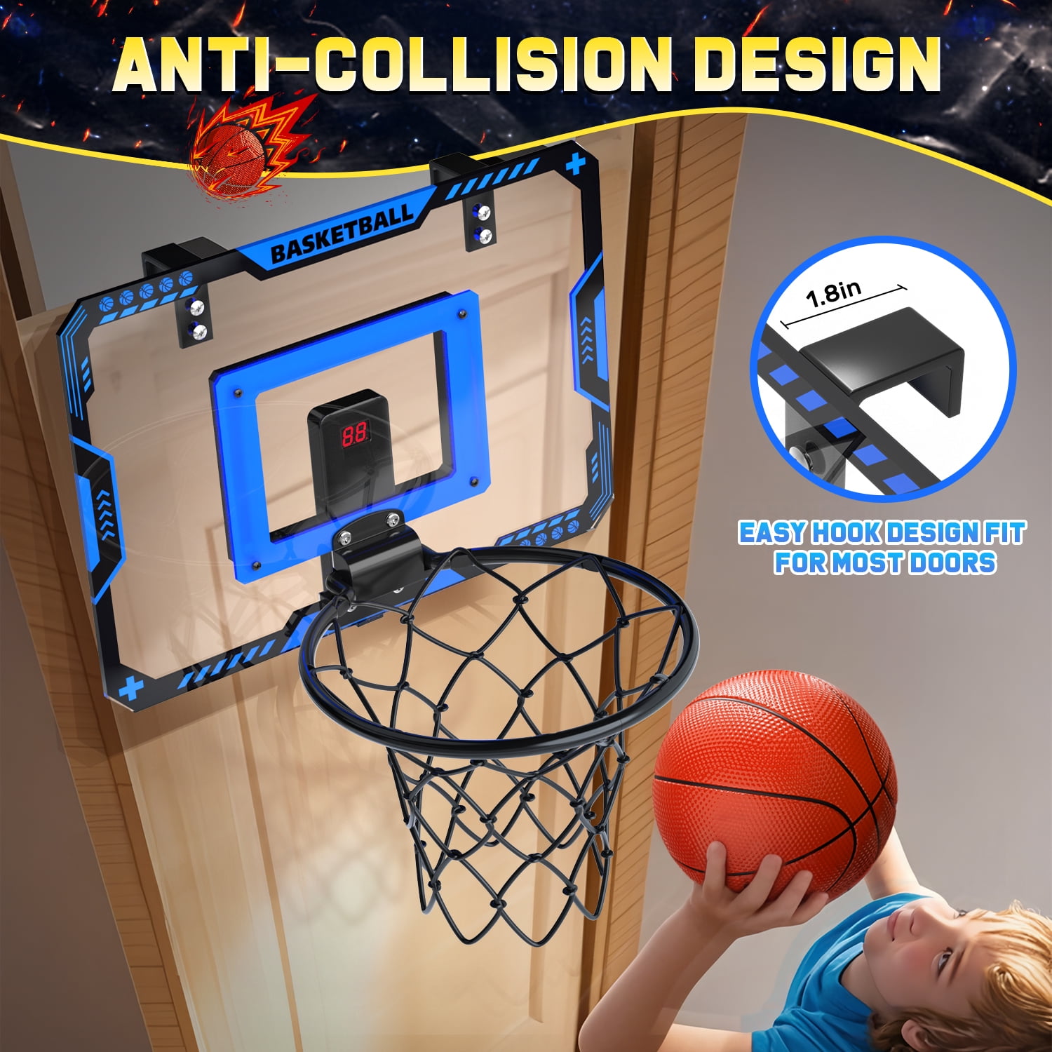 JoyStone Indoor Basketball Hoop for Kids, Mini Basketball Hoop with Electronic Scoreboard, Sounds, Over The Door Basketball Game Toys Gifts 3 Balls for Kids & Adults
