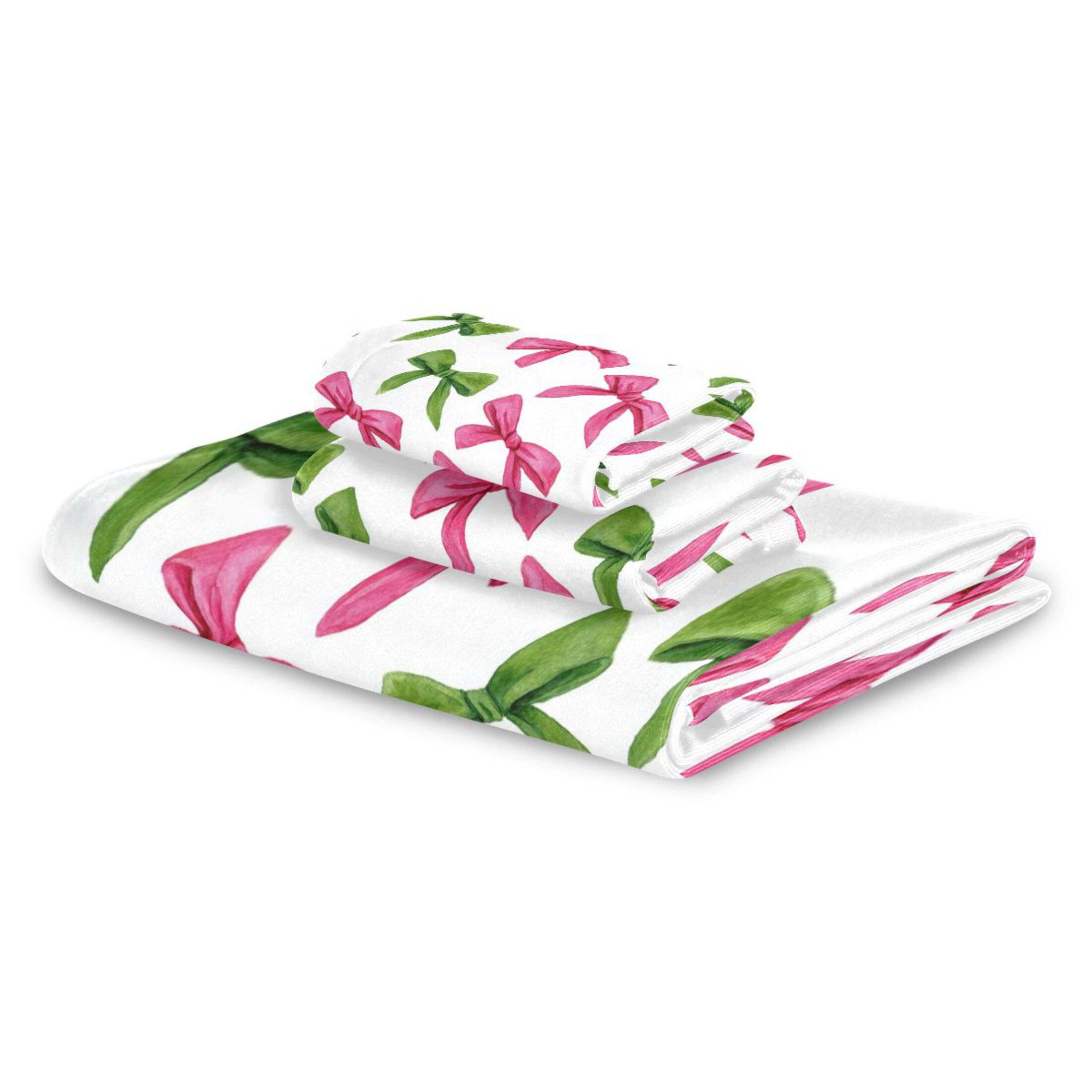 3 Piece Bath Towels Set Bath Towel, Hand Towel and Face Towel for Bathroom, Gym, Hotel Pink Bows and Green Ribbons